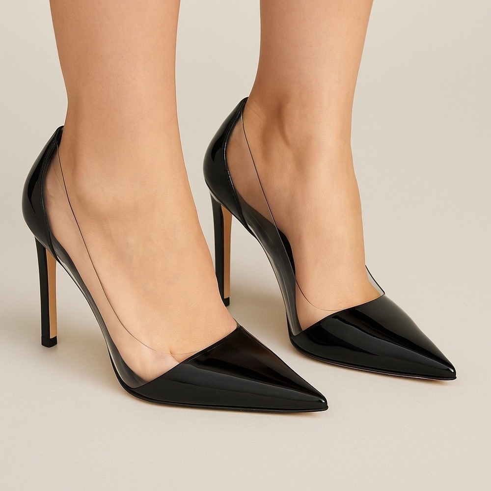 Good American Women's Heels Size 9 Pointed Toe‎ Pumps Clear Black Vinyl Stiletto